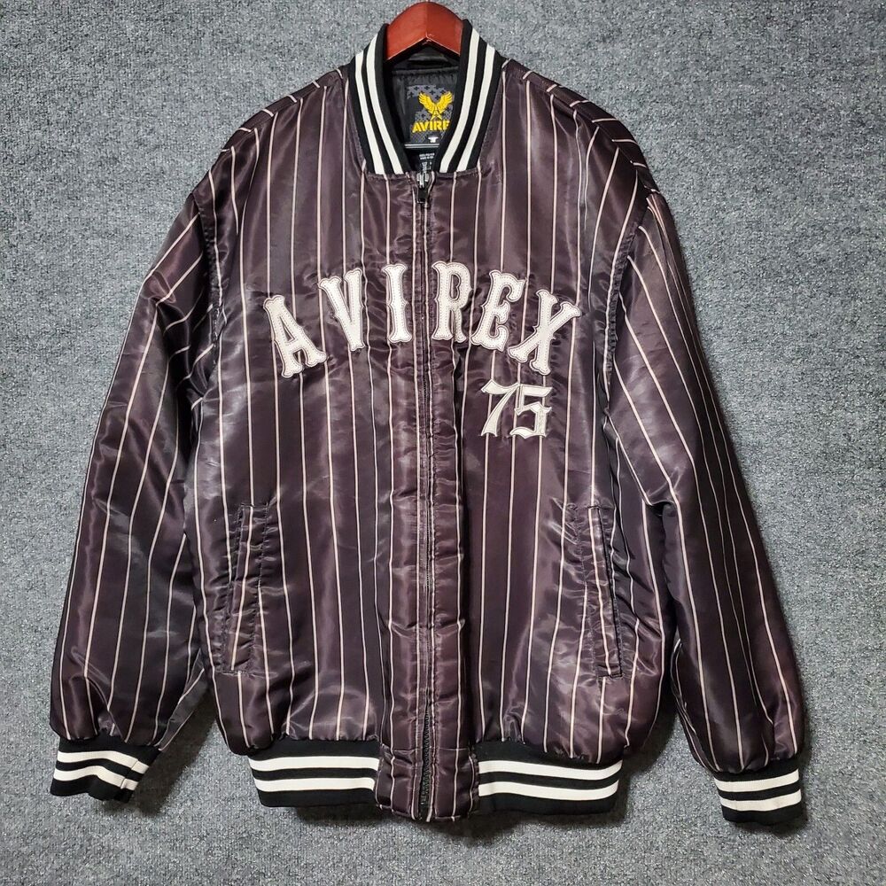 Vintage Y2K Avirex 75 Satin Bomber Jacket Mens Large Striped Grunge Streetwear